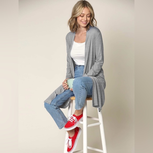 Women's Solid Long Sleeve Open Front Long Cardigan - Picture 4 of 6